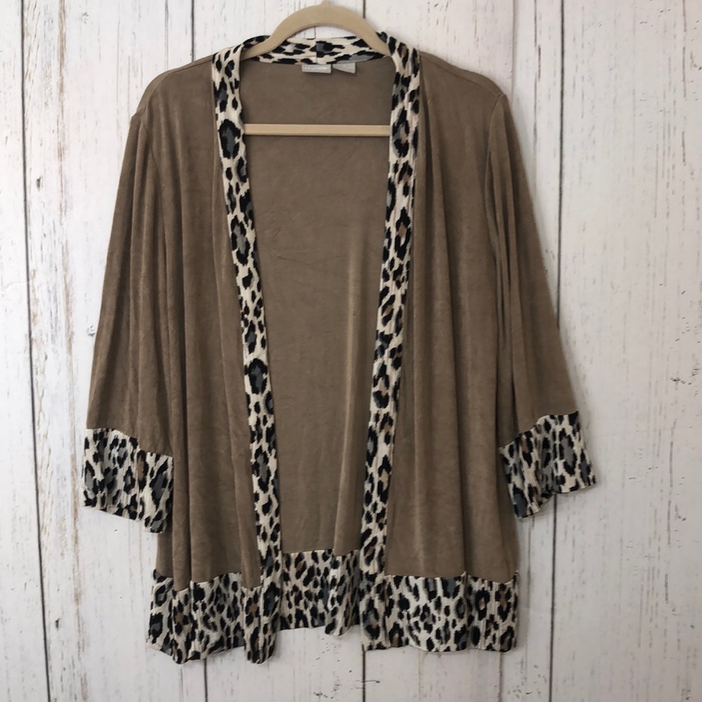 Chico's Tan Leopard Trim Cardigan